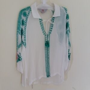 Roja White and Green Embroidered Women's Top Size S